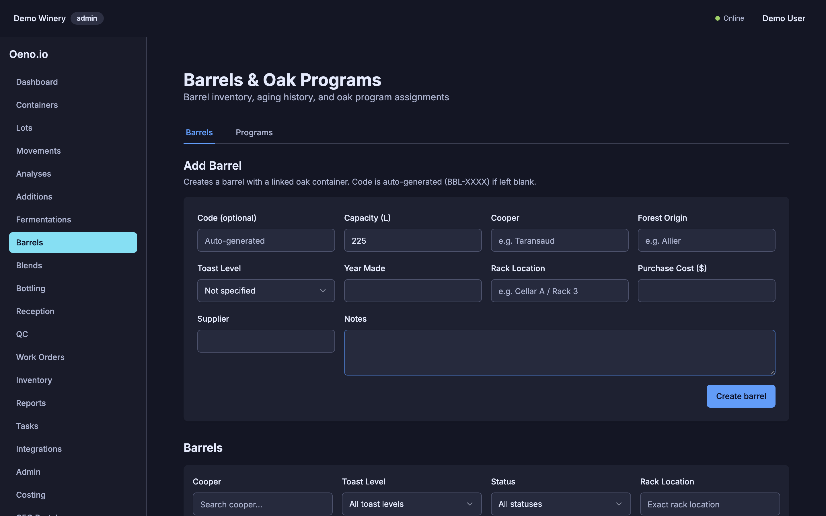 Oeno — Barrels & Oak Programs