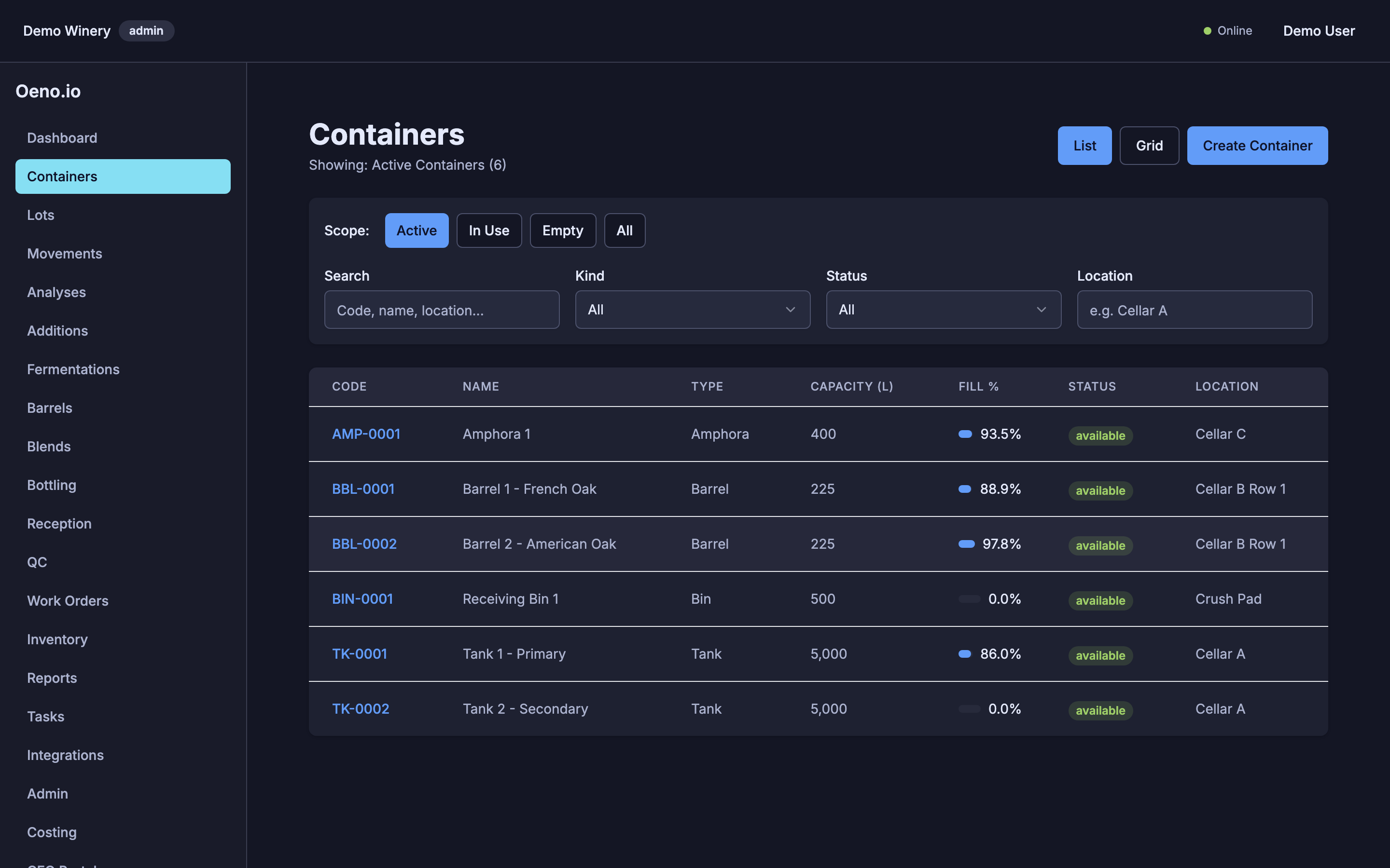 Oeno — live cellar view