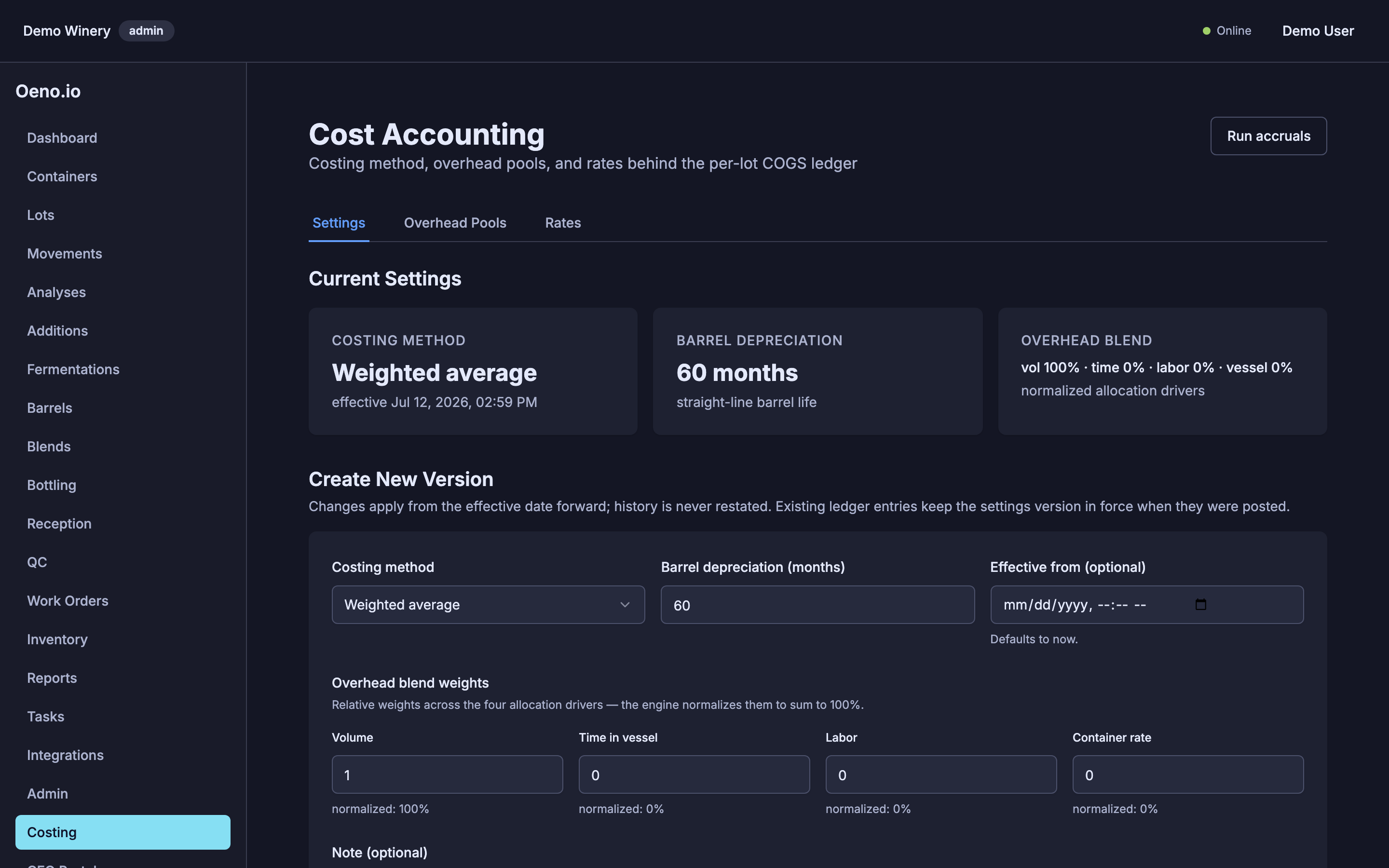 Oeno — Sales Channels & Accounting