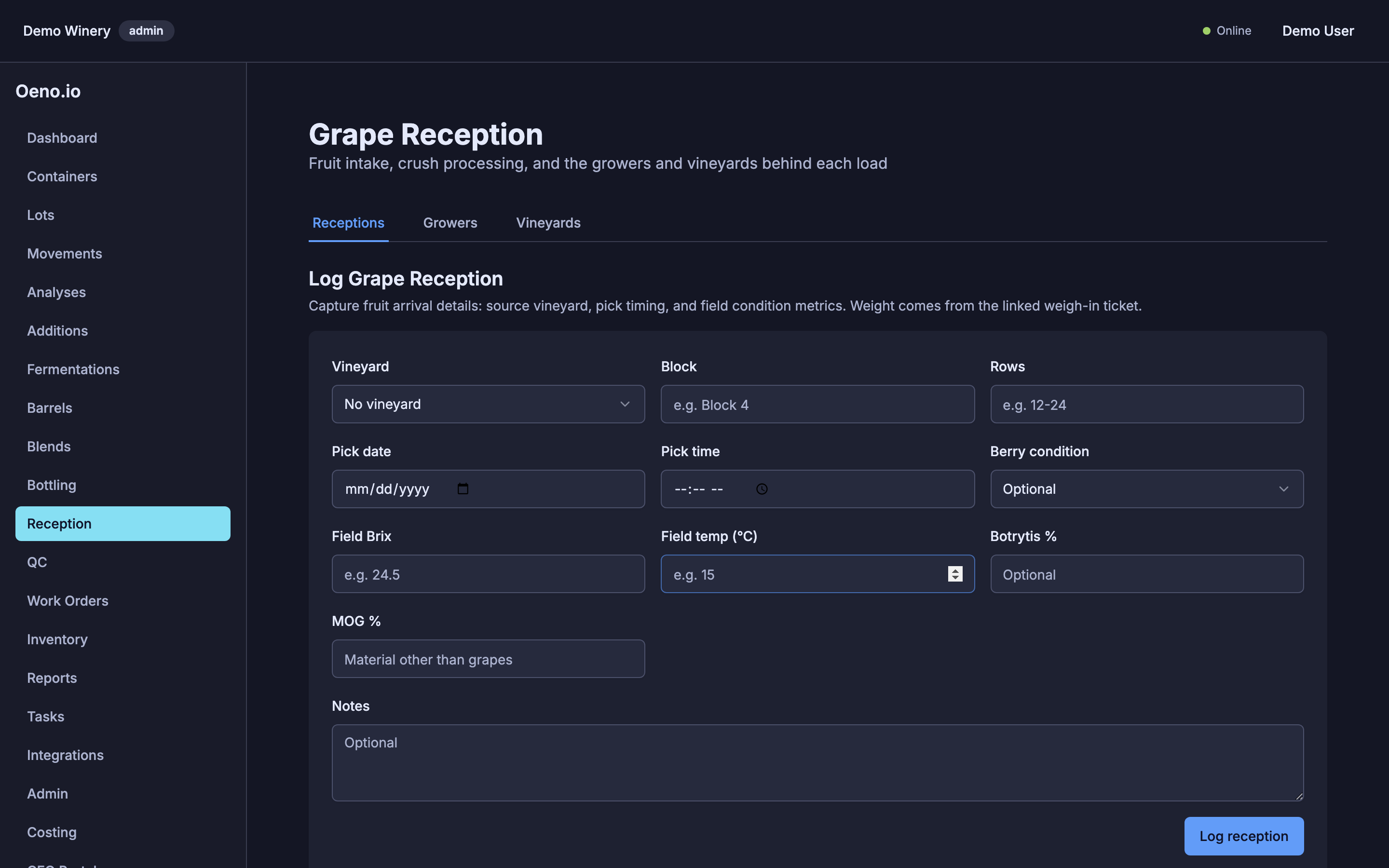 Oeno — Reception, Crush & the Vineyard Handoff