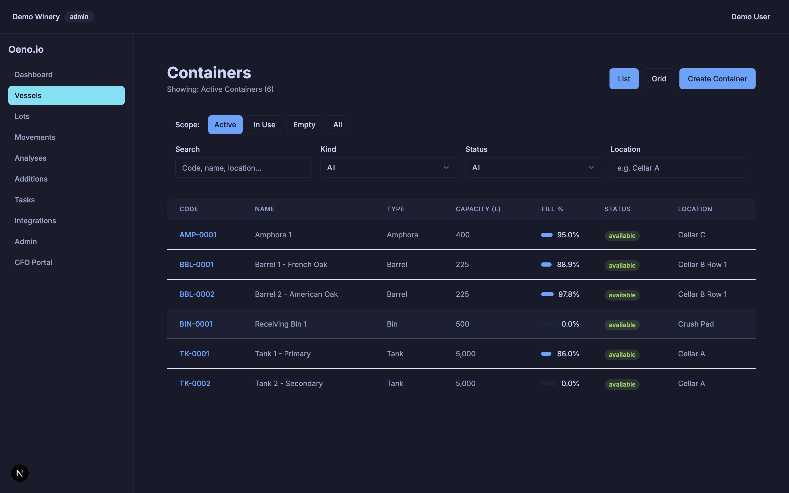 Oeno — Vessel & Volume Tracking
