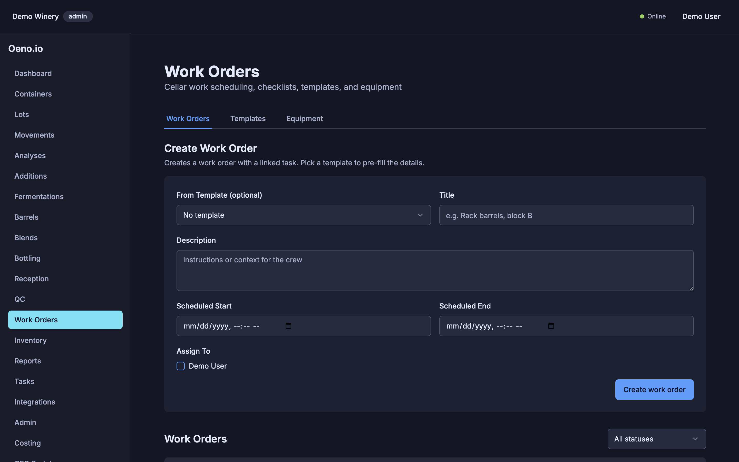 Oeno — Work Orders, Tasks & Equipment
